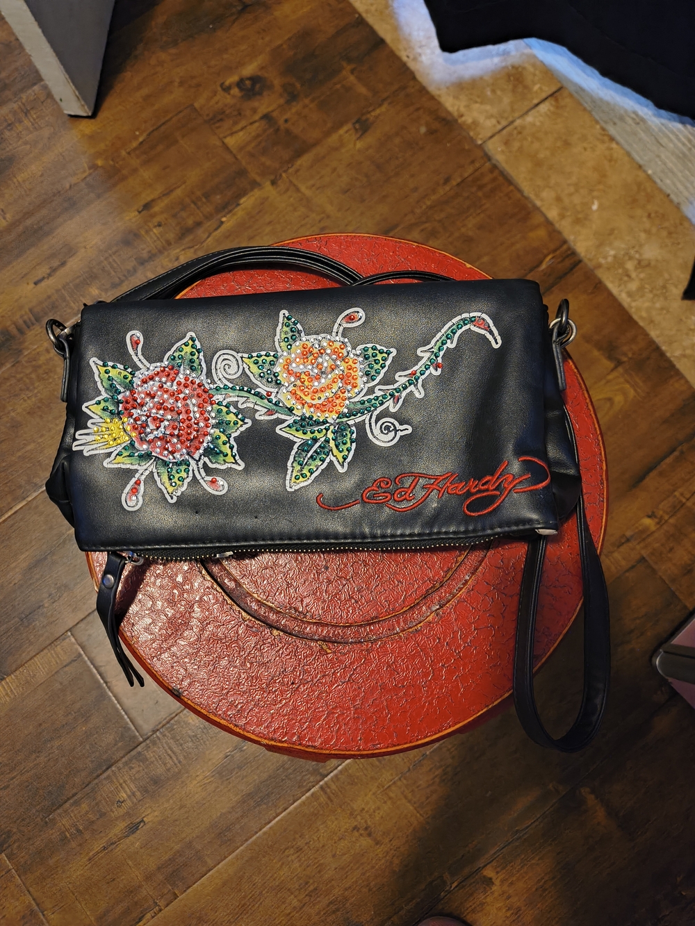 Ed Hardy Black Crossbody Bag with Embellished Floral Design
